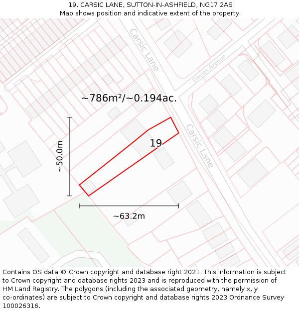 19, CARSIC LANE, SUTTON-IN-ASHFIELD, NG17 2AS: Plot and title map
