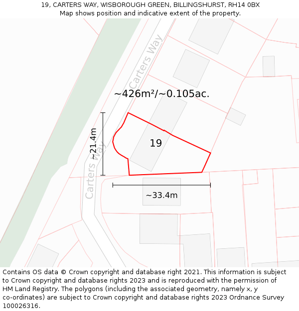 19, CARTERS WAY, WISBOROUGH GREEN, BILLINGSHURST, RH14 0BX: Plot and title map