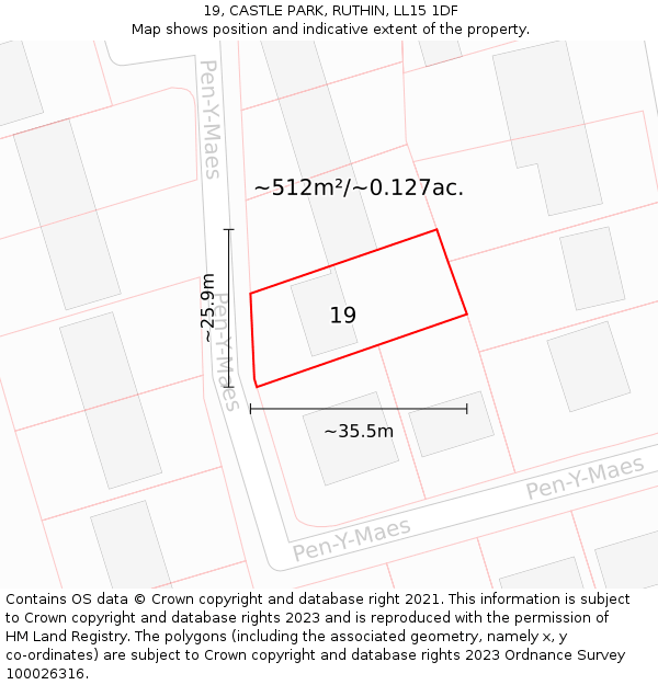 19, CASTLE PARK, RUTHIN, LL15 1DF: Plot and title map