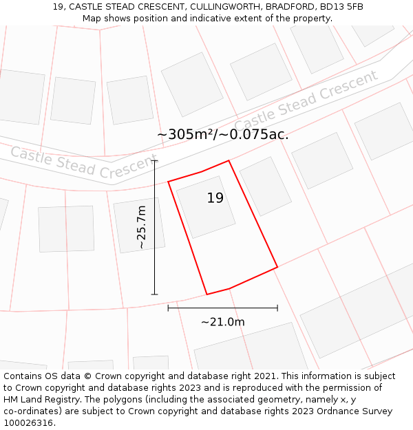 19, CASTLE STEAD CRESCENT, CULLINGWORTH, BRADFORD, BD13 5FB: Plot and title map