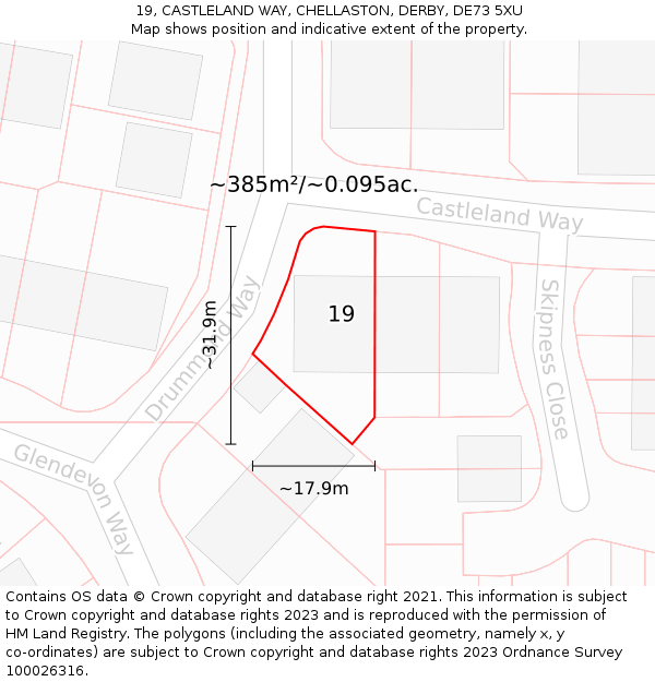 19, CASTLELAND WAY, CHELLASTON, DERBY, DE73 5XU: Plot and title map