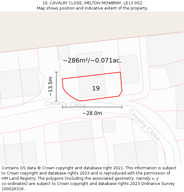 19, CAVALRY CLOSE, MELTON MOWBRAY, LE13 0SZ: Plot and title map