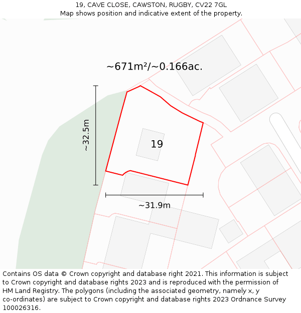 19, CAVE CLOSE, CAWSTON, RUGBY, CV22 7GL: Plot and title map