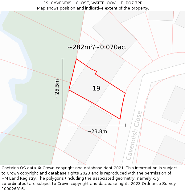 19, CAVENDISH CLOSE, WATERLOOVILLE, PO7 7PP: Plot and title map