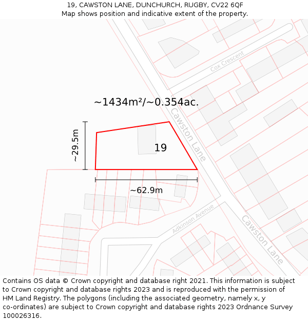 19, CAWSTON LANE, DUNCHURCH, RUGBY, CV22 6QF: Plot and title map
