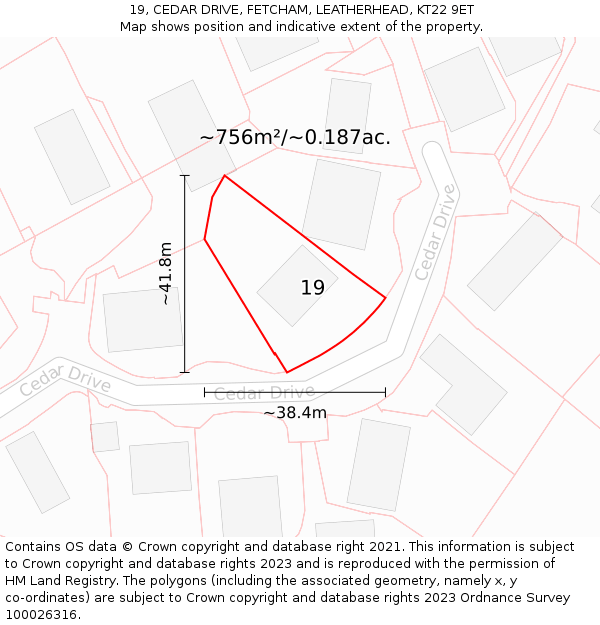 19, CEDAR DRIVE, FETCHAM, LEATHERHEAD, KT22 9ET: Plot and title map
