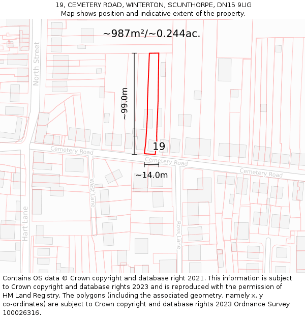 19, CEMETERY ROAD, WINTERTON, SCUNTHORPE, DN15 9UG: Plot and title map