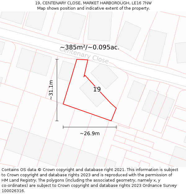 19, CENTENARY CLOSE, MARKET HARBOROUGH, LE16 7NW: Plot and title map