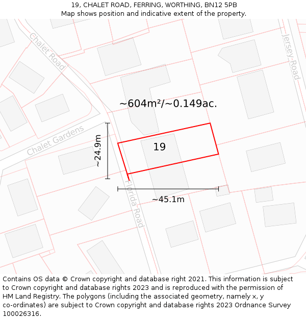 19, CHALET ROAD, FERRING, WORTHING, BN12 5PB: Plot and title map