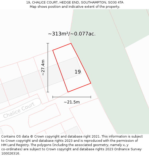 19, CHALICE COURT, HEDGE END, SOUTHAMPTON, SO30 4TA: Plot and title map