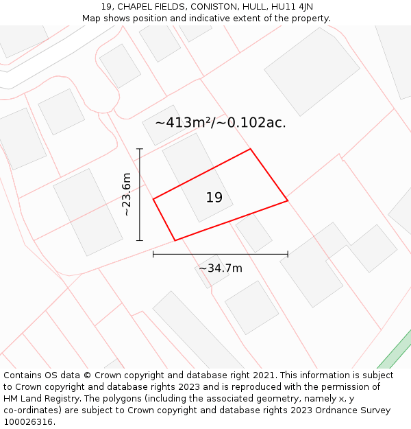 19, CHAPEL FIELDS, CONISTON, HULL, HU11 4JN: Plot and title map