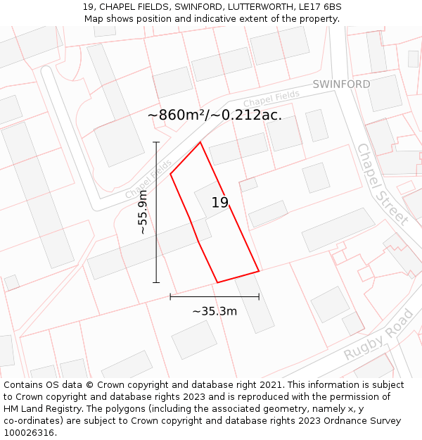 19, CHAPEL FIELDS, SWINFORD, LUTTERWORTH, LE17 6BS: Plot and title map