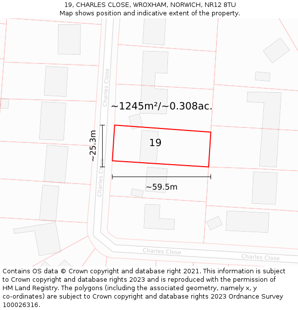 19, CHARLES CLOSE, WROXHAM, NORWICH, NR12 8TU: Plot and title map