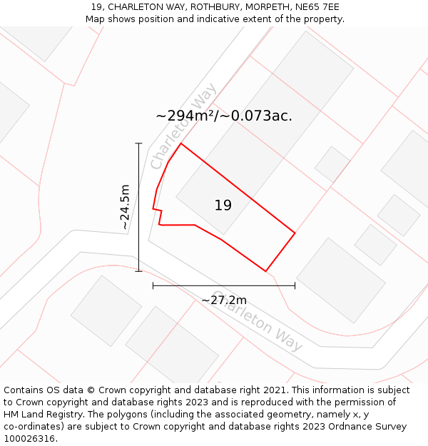 19, CHARLETON WAY, ROTHBURY, MORPETH, NE65 7EE: Plot and title map