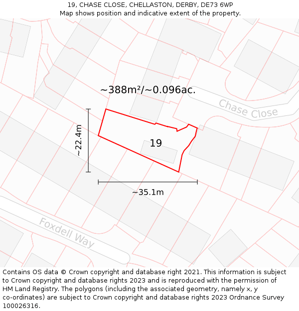 19, CHASE CLOSE, CHELLASTON, DERBY, DE73 6WP: Plot and title map