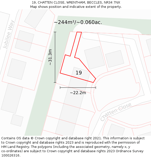 19, CHATTEN CLOSE, WRENTHAM, BECCLES, NR34 7NX: Plot and title map