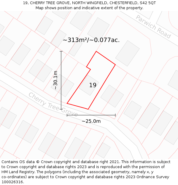 19, CHERRY TREE GROVE, NORTH WINGFIELD, CHESTERFIELD, S42 5QT: Plot and title map