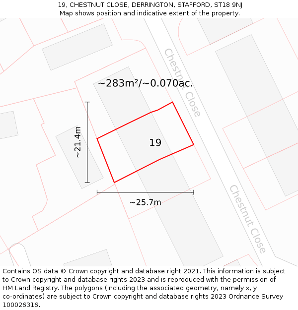 19, CHESTNUT CLOSE, DERRINGTON, STAFFORD, ST18 9NJ: Plot and title map