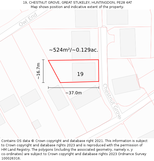 19, CHESTNUT GROVE, GREAT STUKELEY, HUNTINGDON, PE28 4AT: Plot and title map