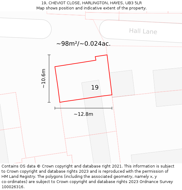19, CHEVIOT CLOSE, HARLINGTON, HAYES, UB3 5LR: Plot and title map