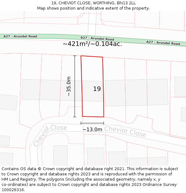 19, CHEVIOT CLOSE, WORTHING, BN13 2LL: Plot and title map