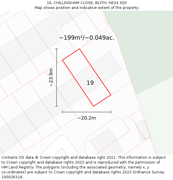 19, CHILLINGHAM CLOSE, BLYTH, NE24 4QY: Plot and title map
