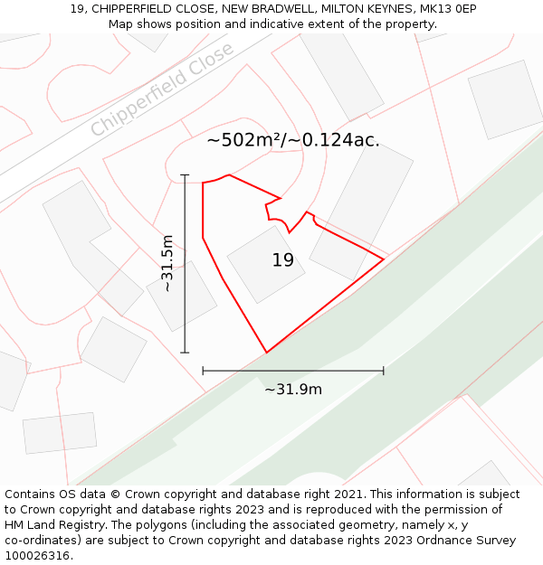 19, CHIPPERFIELD CLOSE, NEW BRADWELL, MILTON KEYNES, MK13 0EP: Plot and title map
