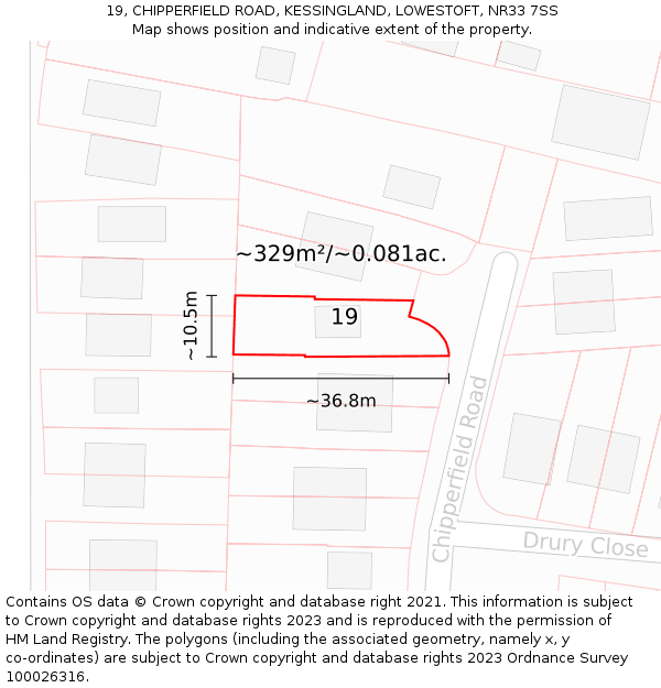 19, CHIPPERFIELD ROAD, KESSINGLAND, LOWESTOFT, NR33 7SS: Plot and title map