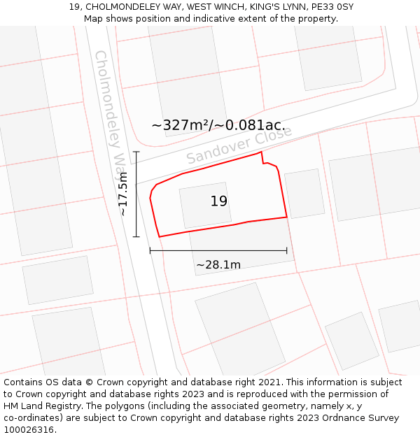 19, CHOLMONDELEY WAY, WEST WINCH, KING'S LYNN, PE33 0SY: Plot and title map