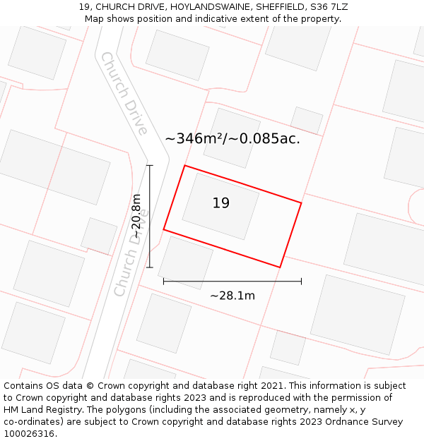 19, CHURCH DRIVE, HOYLANDSWAINE, SHEFFIELD, S36 7LZ: Plot and title map