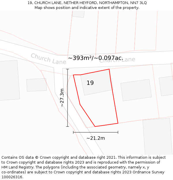 19, CHURCH LANE, NETHER HEYFORD, NORTHAMPTON, NN7 3LQ: Plot and title map