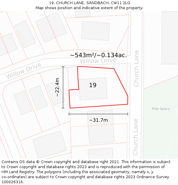 19, CHURCH LANE, SANDBACH, CW11 2LG: Plot and title map
