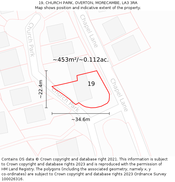 19, CHURCH PARK, OVERTON, MORECAMBE, LA3 3RA: Plot and title map