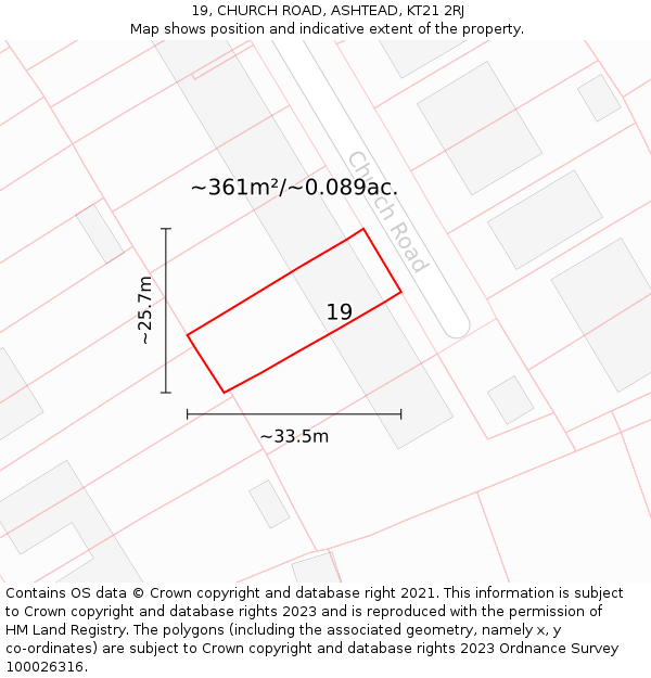 19, CHURCH ROAD, ASHTEAD, KT21 2RJ: Plot and title map