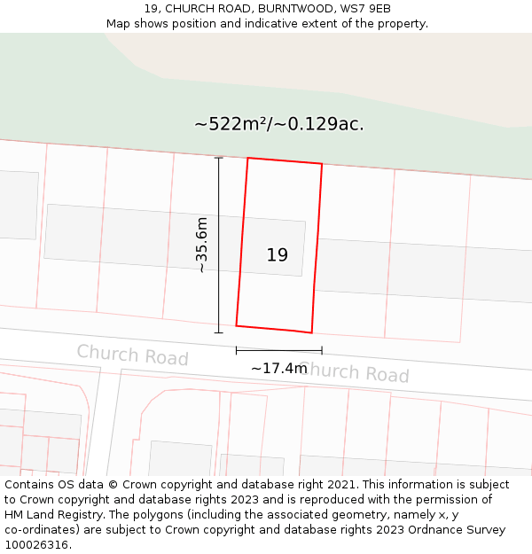 19, CHURCH ROAD, BURNTWOOD, WS7 9EB: Plot and title map