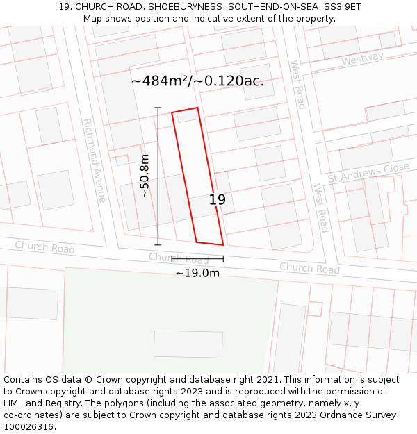 19, CHURCH ROAD, SHOEBURYNESS, SOUTHEND-ON-SEA, SS3 9ET: Plot and title map