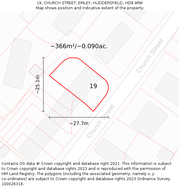 19, CHURCH STREET, EMLEY, HUDDERSFIELD, HD8 9RW: Plot and title map