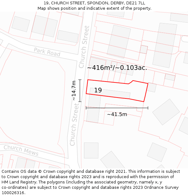 19, CHURCH STREET, SPONDON, DERBY, DE21 7LL: Plot and title map