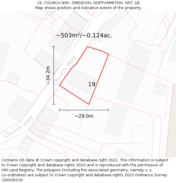 19, CHURCH WAY, GRENDON, NORTHAMPTON, NN7 1JE: Plot and title map