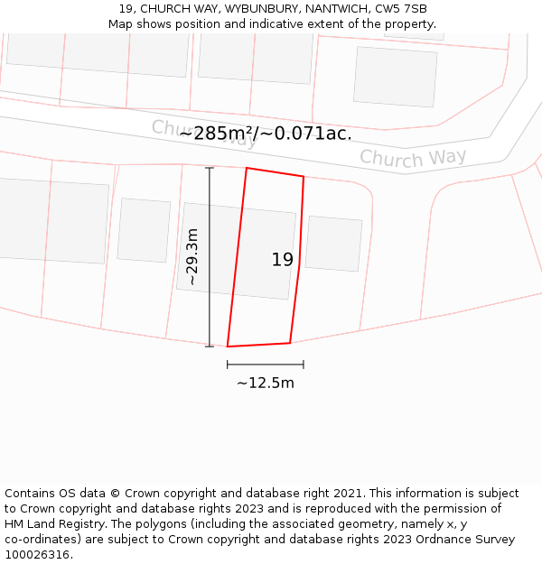 19, CHURCH WAY, WYBUNBURY, NANTWICH, CW5 7SB: Plot and title map