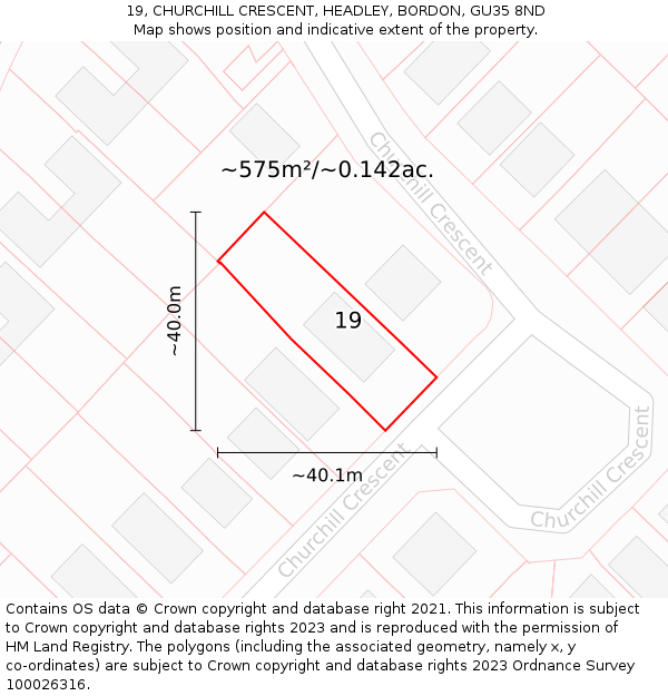 19, CHURCHILL CRESCENT, HEADLEY, BORDON, GU35 8ND: Plot and title map