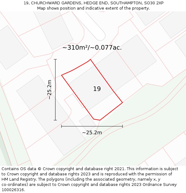 19, CHURCHWARD GARDENS, HEDGE END, SOUTHAMPTON, SO30 2XP: Plot and title map