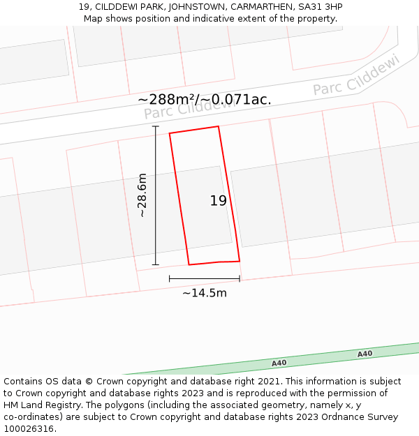 19, CILDDEWI PARK, JOHNSTOWN, CARMARTHEN, SA31 3HP: Plot and title map