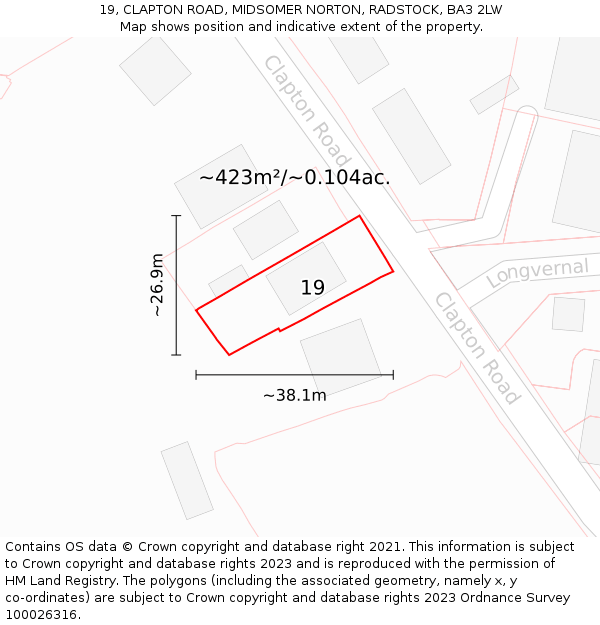 19, CLAPTON ROAD, MIDSOMER NORTON, RADSTOCK, BA3 2LW: Plot and title map