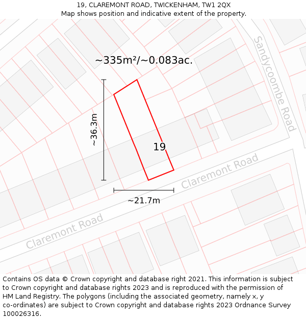 19, CLAREMONT ROAD, TWICKENHAM, TW1 2QX: Plot and title map