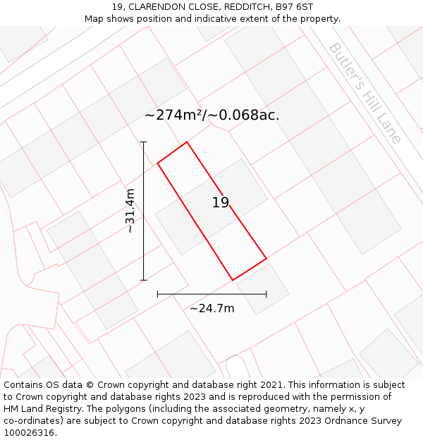 19, CLARENDON CLOSE, REDDITCH, B97 6ST: Plot and title map