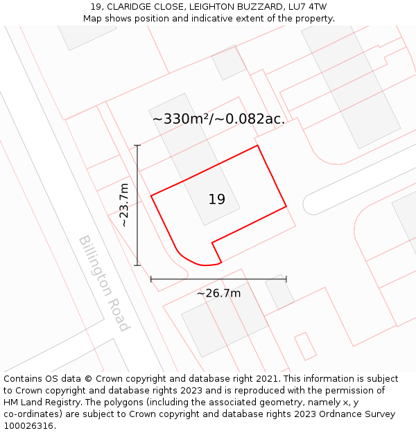 19, CLARIDGE CLOSE, LEIGHTON BUZZARD, LU7 4TW: Plot and title map