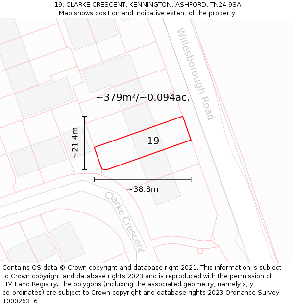 19, CLARKE CRESCENT, KENNINGTON, ASHFORD, TN24 9SA: Plot and title map