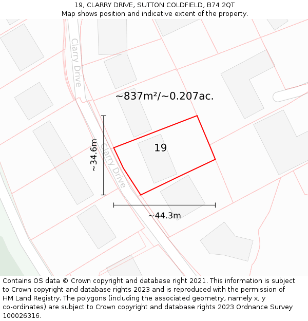 19, CLARRY DRIVE, SUTTON COLDFIELD, B74 2QT: Plot and title map