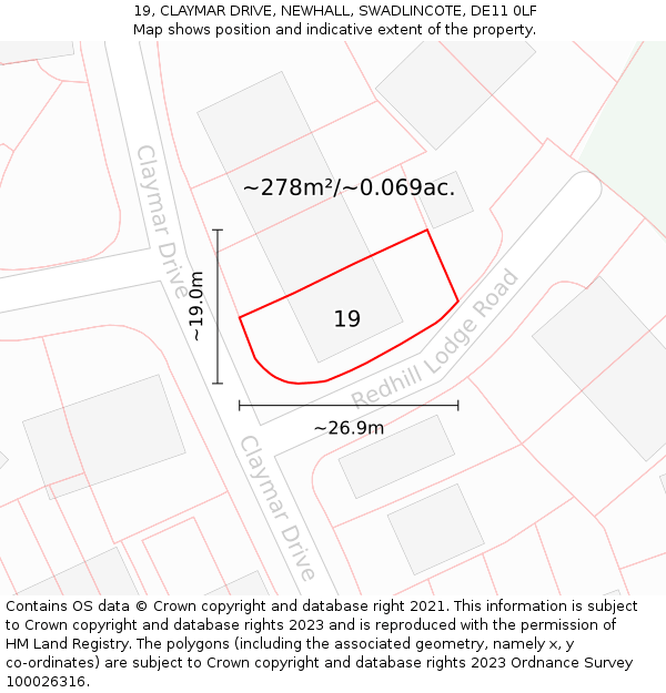 19, CLAYMAR DRIVE, NEWHALL, SWADLINCOTE, DE11 0LF: Plot and title map